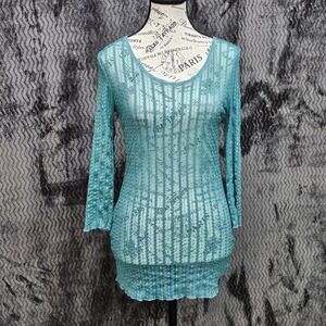 Sheer Knit Top Womens S Teal Mesh Y2K Textured Whimsical Boho Chic Festival